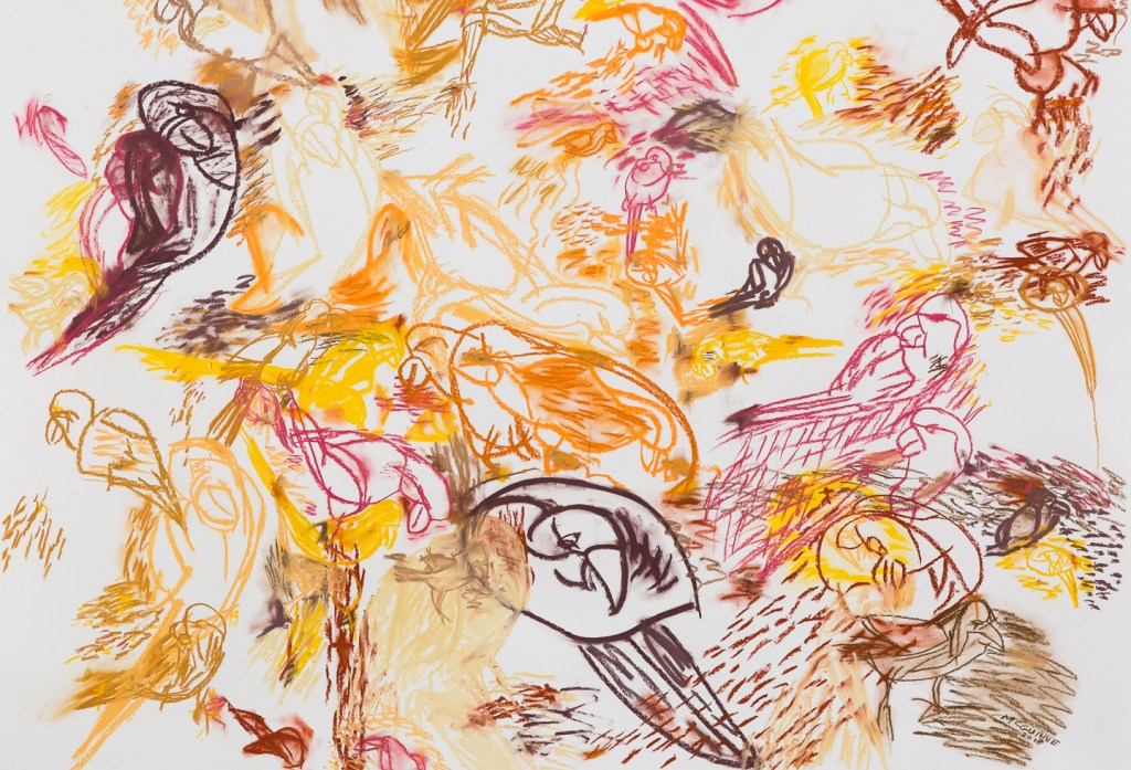 "Parrots", pastel drawing, 96 cms H x 127 cms W (2018)