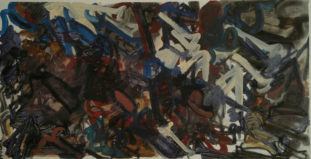 "Lament 2", oil and oil bar on canvas, 36 cms H x 71 cms W (2020)