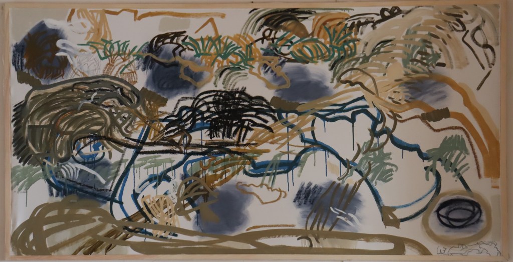 "Sand Dune, Hirtles Beach", oil, oil bar and pencil on canvas, 84 cms x 163 cms (33" x 64") (2024)